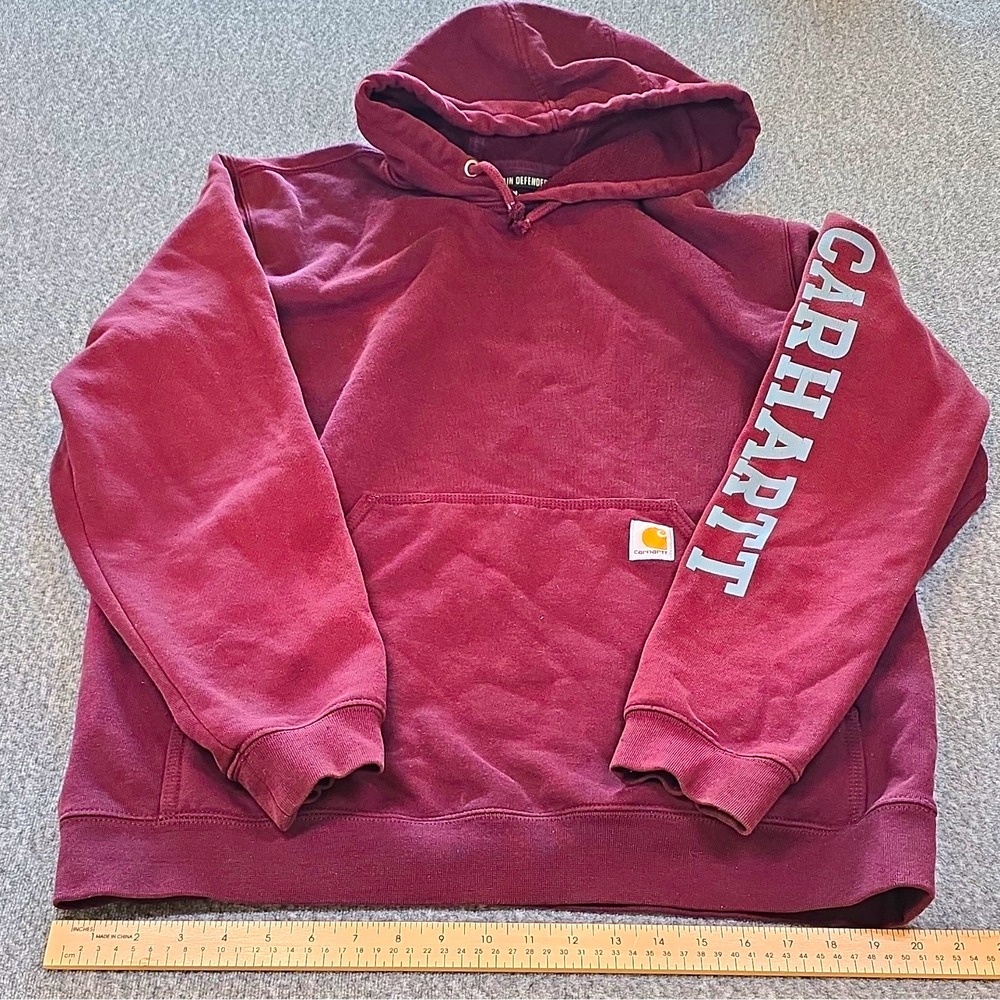 Carhartt Rain Defender Hoodie Men's L Burgundy Loose Fit Pullover Fleece Logo